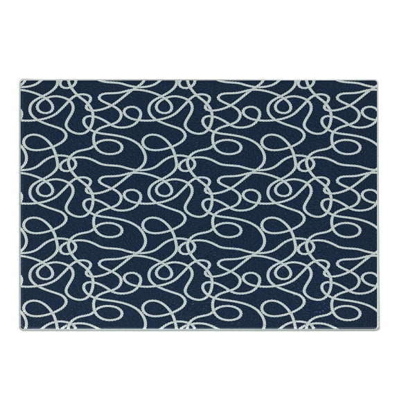 Navy Cutting Board, Under the Sea Atlantic Ocean Inspired Tangled Boat Ship Marine Ropes Image, Decorative Tempered Glass Cutting and Serving Board, Small Size, Navy Blue and White, by Ambesonne