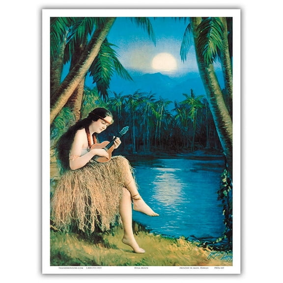 Hula Moon - Hawaiian Girl Plays ʻUkulele under a Full Moon - Vintage Pin Up Girl Print by Rudolph Ingerie c.1930s - Master Art Print (Unframed) 9in x 12in