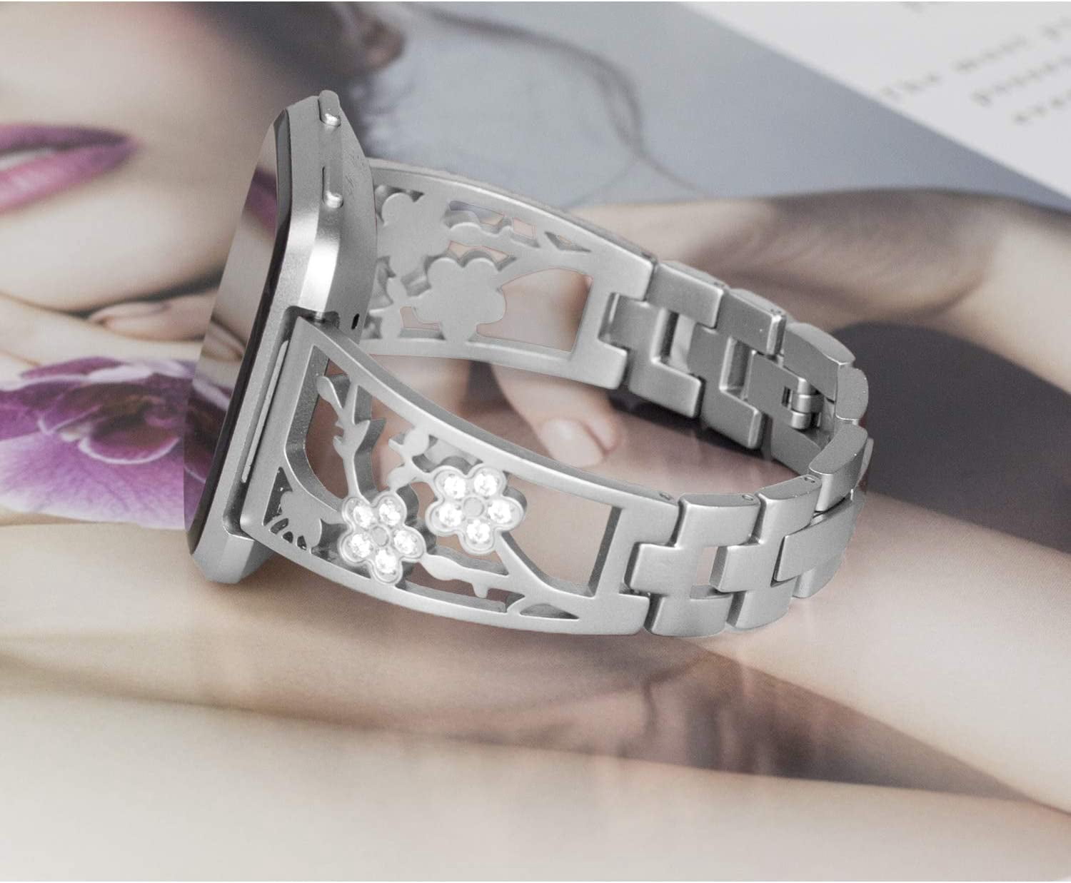 REQO Stainless Steel Bands Compatible with Fitbit Versa 2/Versa Lite/Versa for Women, Luxurious Bling Bracelet with Rhinestone Metal Wristbands