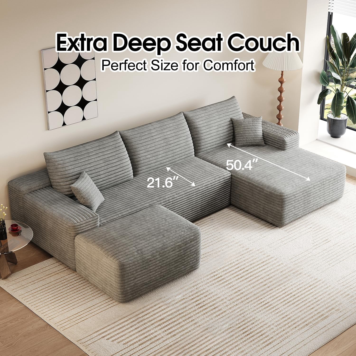Sailvan 107" Cloud Sectional Couch, Cloudy Sofa with L-Shape Chaise & Ottoman, Upholstered Couches for Living Room & Bedroom, No Assembly Required, Plush Corduroy Fabric, Gray