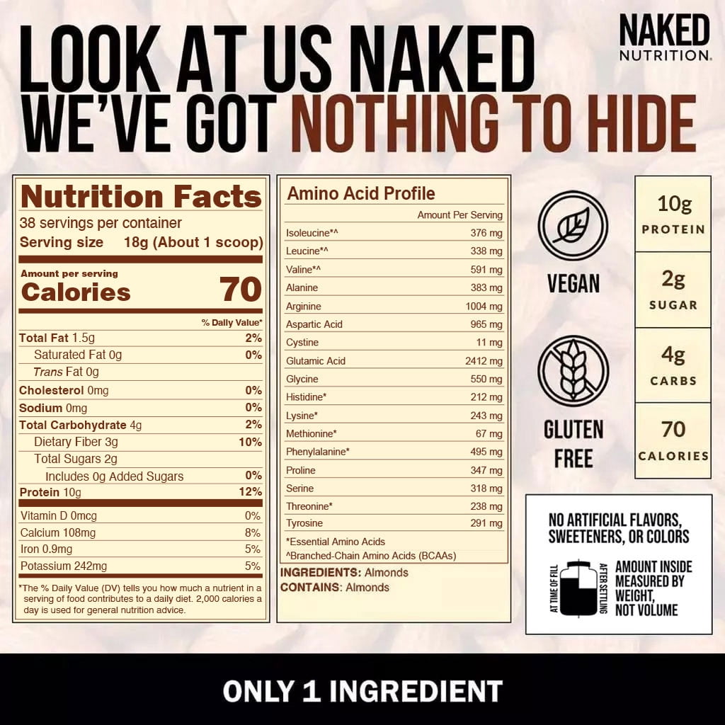 NAKED Almond Protein Powder from small dairy farms, Only 1 Ingredient, Vegan, Gluten-Free, No Additives, No Salt, No Sugar - 38 Servings - 1.5LB