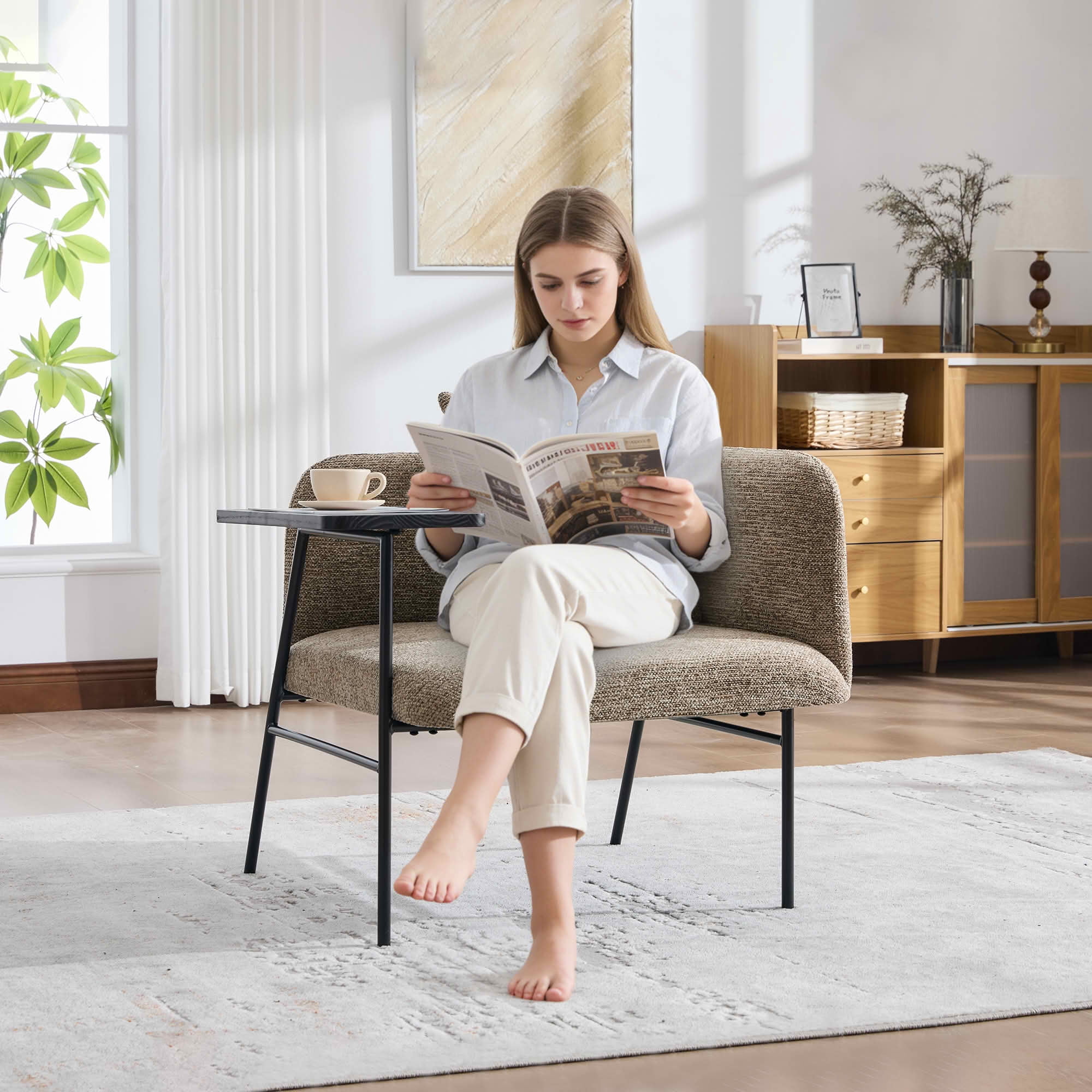 MAYEERTY Leisure Lounge Chair with Side Table & Back Pillow, Armchair, khaki, Living Room Bedroom