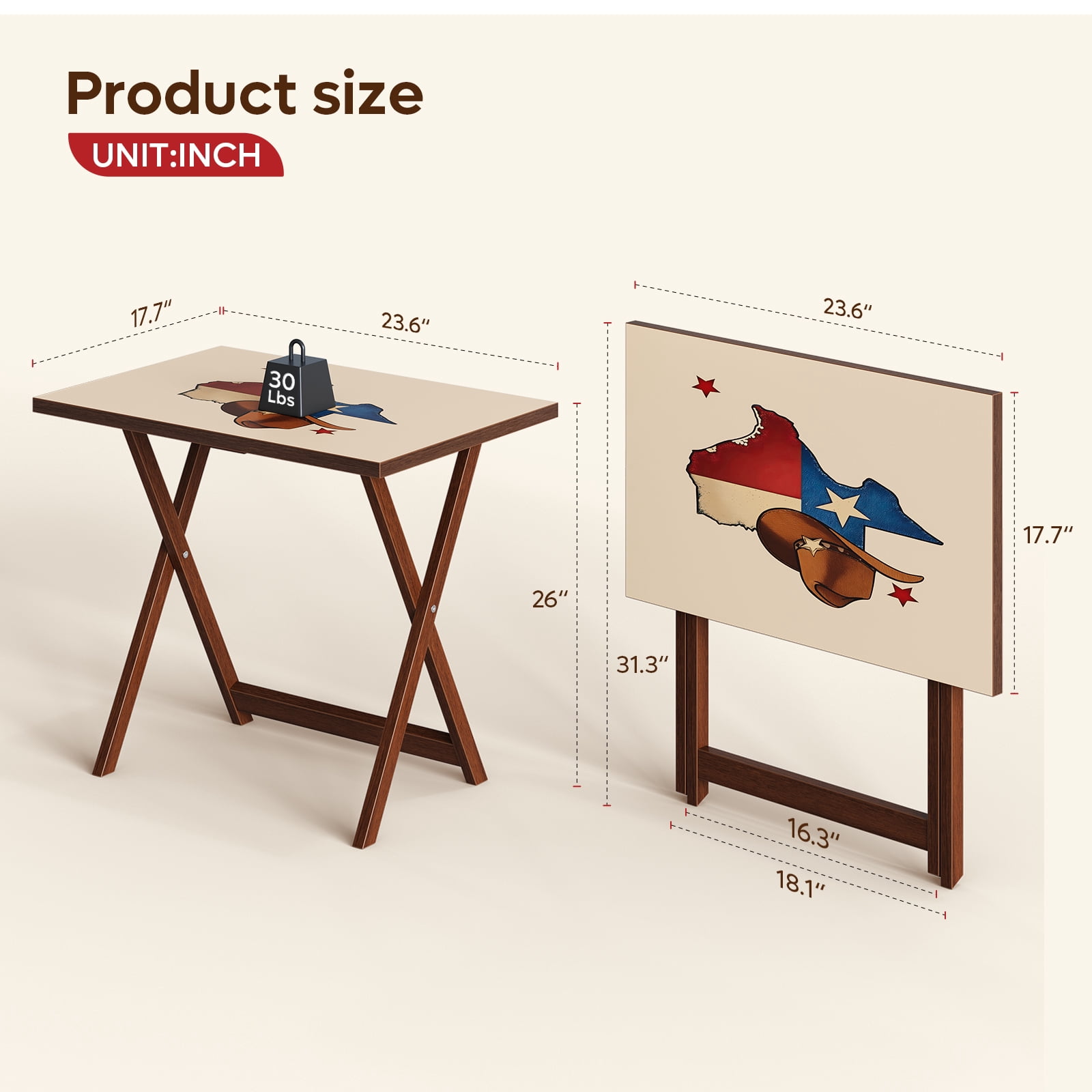 (4 pack) Bestier Texas Theme Folding TV Tray Table,No Assembly Needed,Bedside Tables with Light Weight,XL Size,Daily Use,23.6" L x 17.7" W x 26" H,Walnut