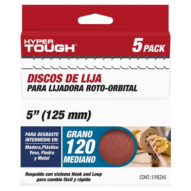Lija De 5" 125mm De Diámetro Con Belcro Redonda 8 Hoyos Lija Grano 120 Roja Blíster 5pzs