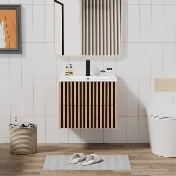 24" Single Bathroom Vanity with Ceramic Sink Top, Faucet, Drain, Floating Cabinet