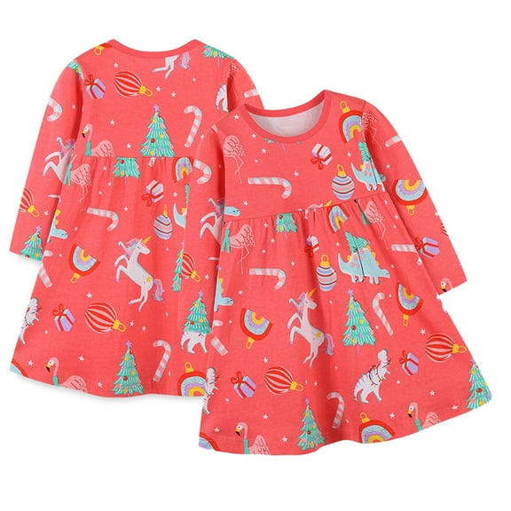 Esaierr Girls Christmas Dress for Toddler Baby Kids Cartoon Dress Long Sleeve Printing Dress Casual Cotton T-Shirt Dress for 1-8Y