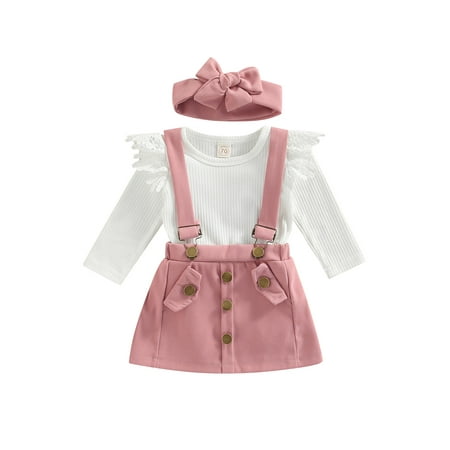 

Bagilaanoe 3PCS Newborn Baby Girls Skirt Set Long Sleeve Ribbed Snap Romper Tops + Suspender Skirt + Headband 3M 6M 12M 18M Casual Outfits