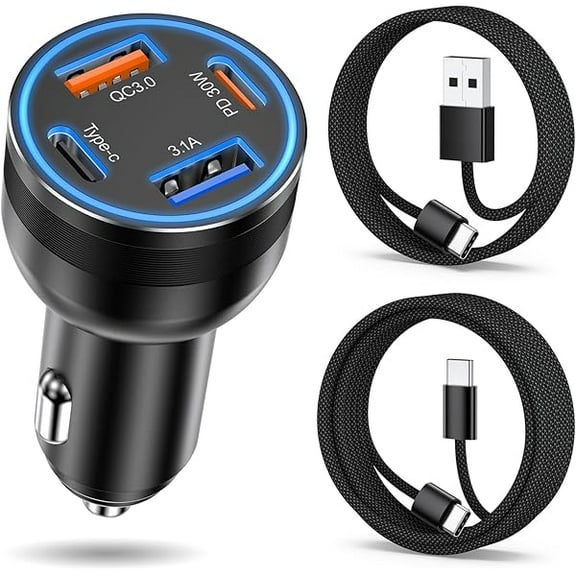 65W USB C Car Charger, 4-Port Fast Charging Type C Car Charger, Cigarette Lighter Adapter, USBC Car Phone Power Adapter  6FT C to C Cord & 3FT USB A to C Cable for iPhone 16/15 Pro Max,YJJSKEJI