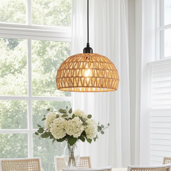 Rattan Pendant Light, Boho Farmhouse Chandelier Hand-Woven, 12" for Kitchen Island, E26 Base