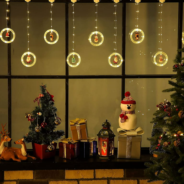 QEEMMY Christmas Window Curtain Hanging Lights, USB Powered with 10 Cute  DIY Christmas Decor, 120 LED Flashing Fairy Christmas Lights for Indoor  Outdoor, Xmas Tree Patio Bedroom Decor(Warm White) 