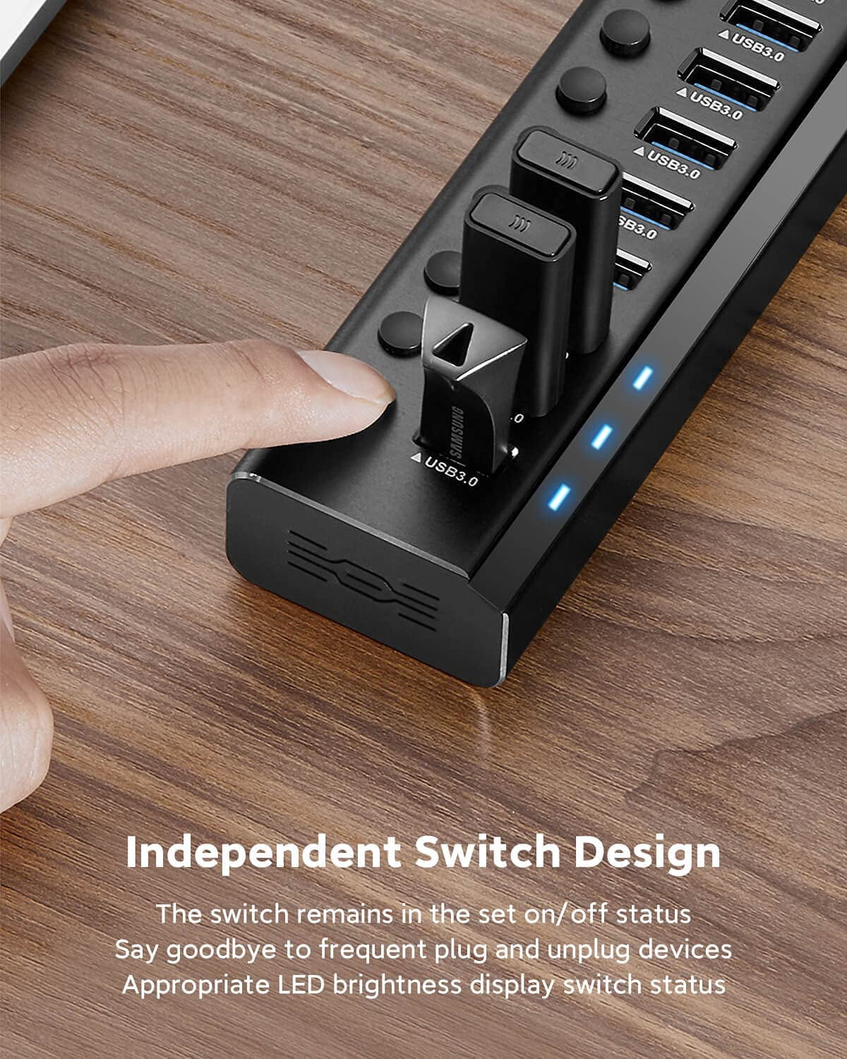 ROSONWAY Aluminum 10 Port 36W Powered USB 3.0 Hub with 12V/3A Power Adapter and Individual On/Off Switches, RSW-A10