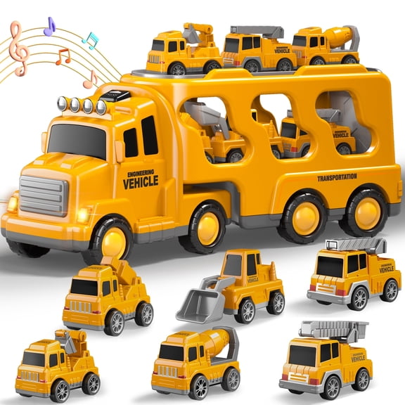 7-in-1 Construction Car Truck Toys for 4 5 6 Year Old Girls, Carrier Truck Toys, Friction Power Toy Cars With Light & Sound, Christmas Birthday Toys