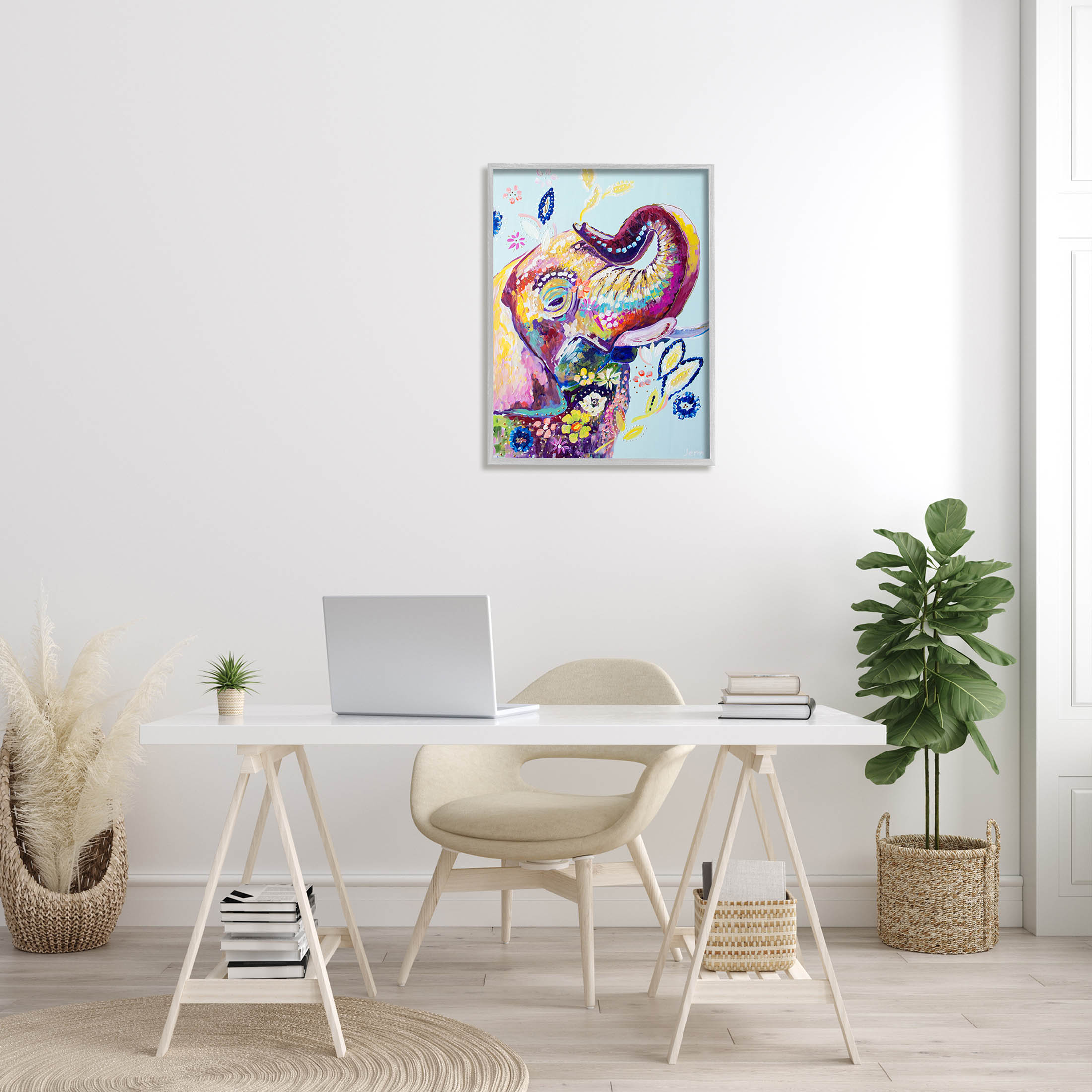 Floral Pattern Fun Elephant Animals & Insects Painting Gray Framed Art Print Wall Art