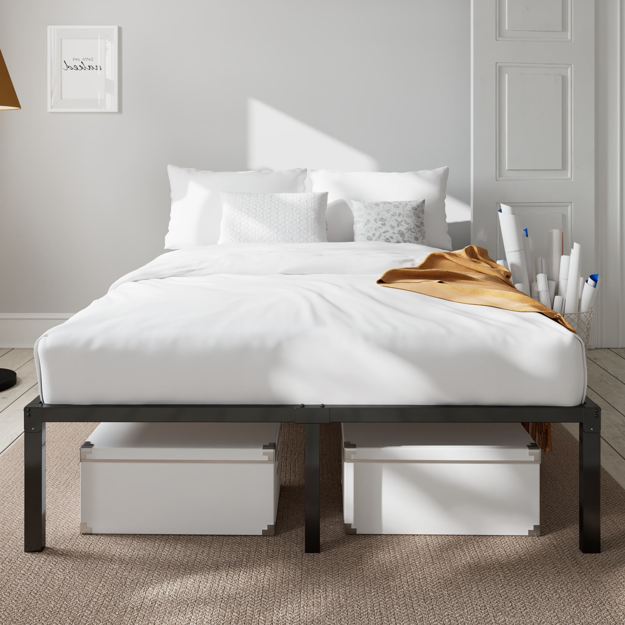 Amolife Heavy Duty Queen Size 14'' Metal Platform Bed Frame with Ample Under-bed Storage Space, Black