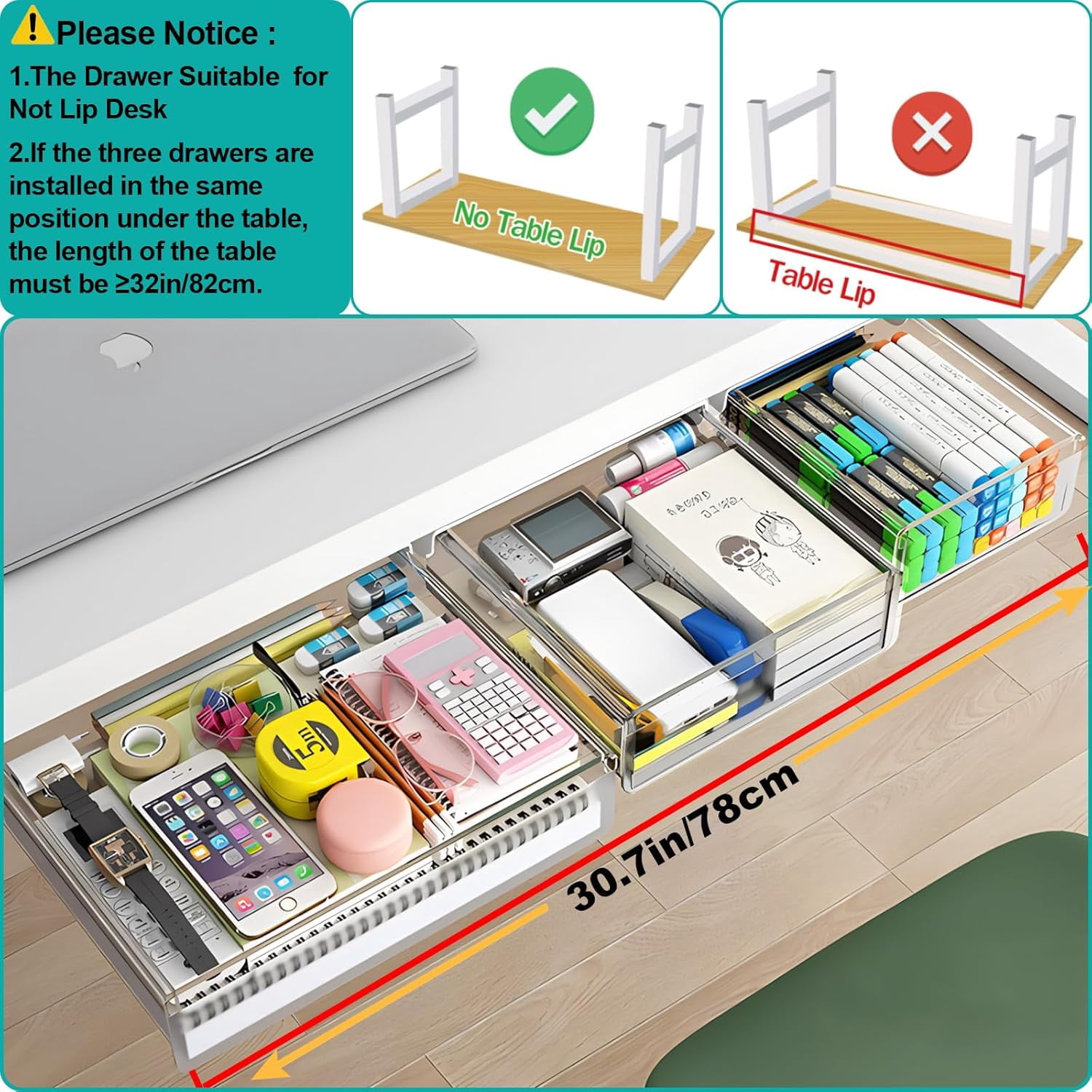 Under Desk Table Drawer Storage Organizer,3 Pack Small & Medium & Large Slide Out Desk Drawers - Hidden Desktop Organizer,Adhesive Storage Pencil Tray Under Table(Clear/LMS)