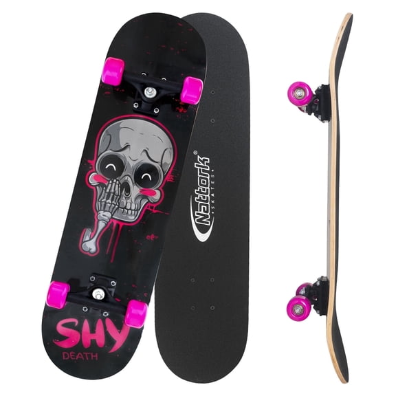 31 Inch Complete Skateboard with PU Wheels, Wood 9 Layer Canadian Maple Trick Board for Boys Girls Youth Teens Gift for Beginners Pink Skull(Gen 2)