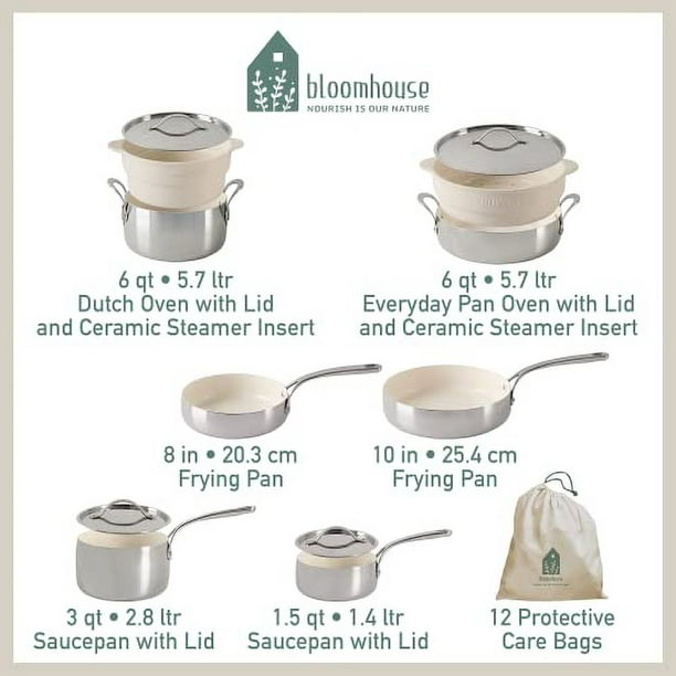 Bloomhouse 4-Piece Heavy-Gauge Aluminum Cookware Set w/Non-Stick Non-Toxic Ceramic Interior and Ceramic Steamer Insert