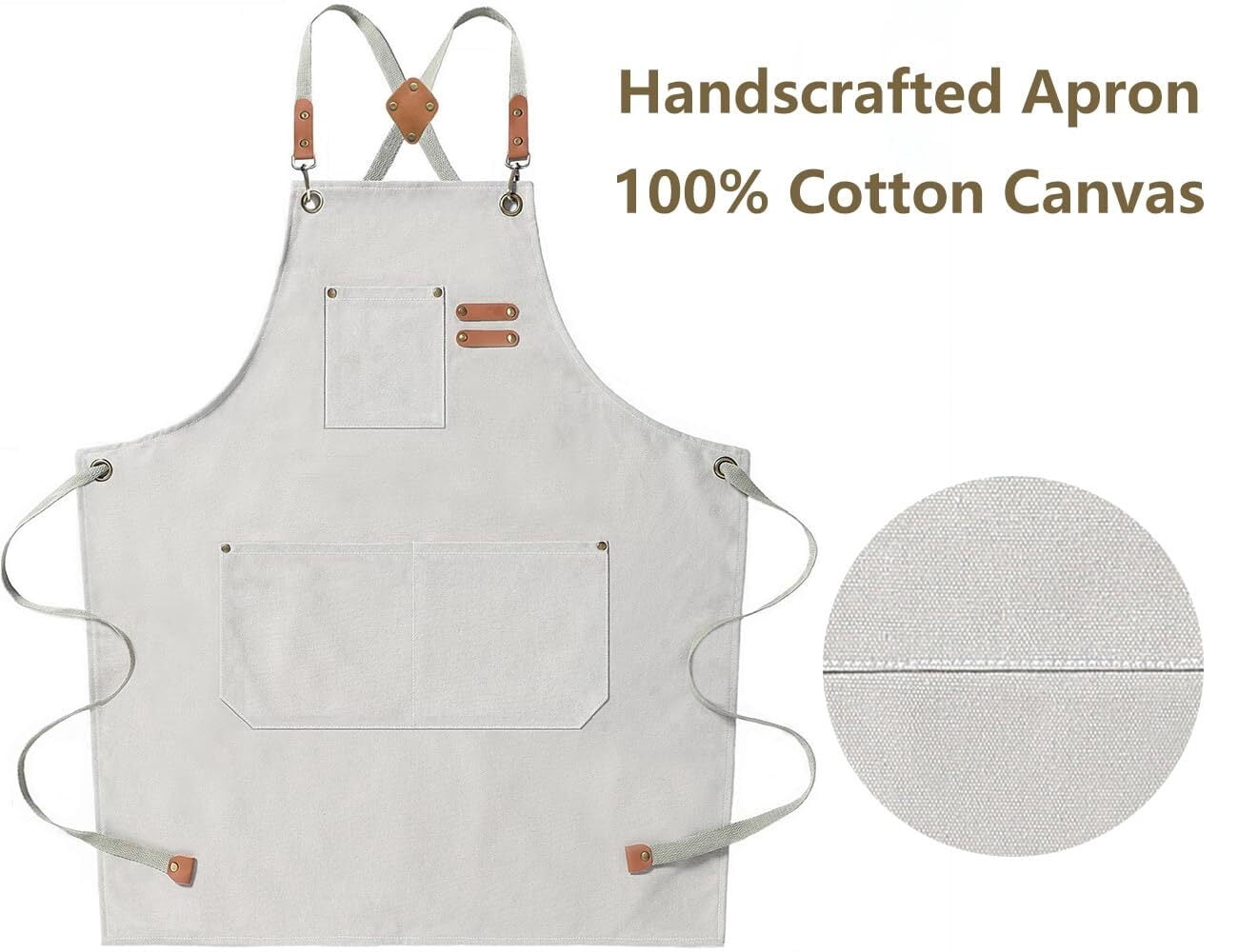 Chef Aprons for Men Women with Large Pockets, Cotton Canvas Cross Back Heavy Duty Adjustable Work Apron, Size M to XXL(Grey)