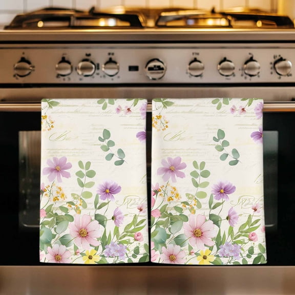 Pink Purple Flower Kitchen Towels Set of 2, Spring Vintage Country Floral Leaf Plant Absorbent Dish Towels for Kitchen, Microfiber Hand Towel, Quick Drying Tea Towel for Cleaning Dishcloths