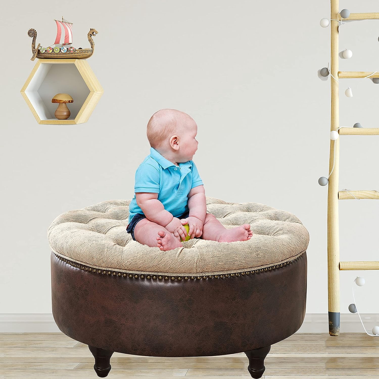 Nathaniel Home Upholstered 30" Round Storage Button Tufted Ottoman, with Removable Lid, Modern Footrest Stool Bench, Light Brown/Dark Brown
