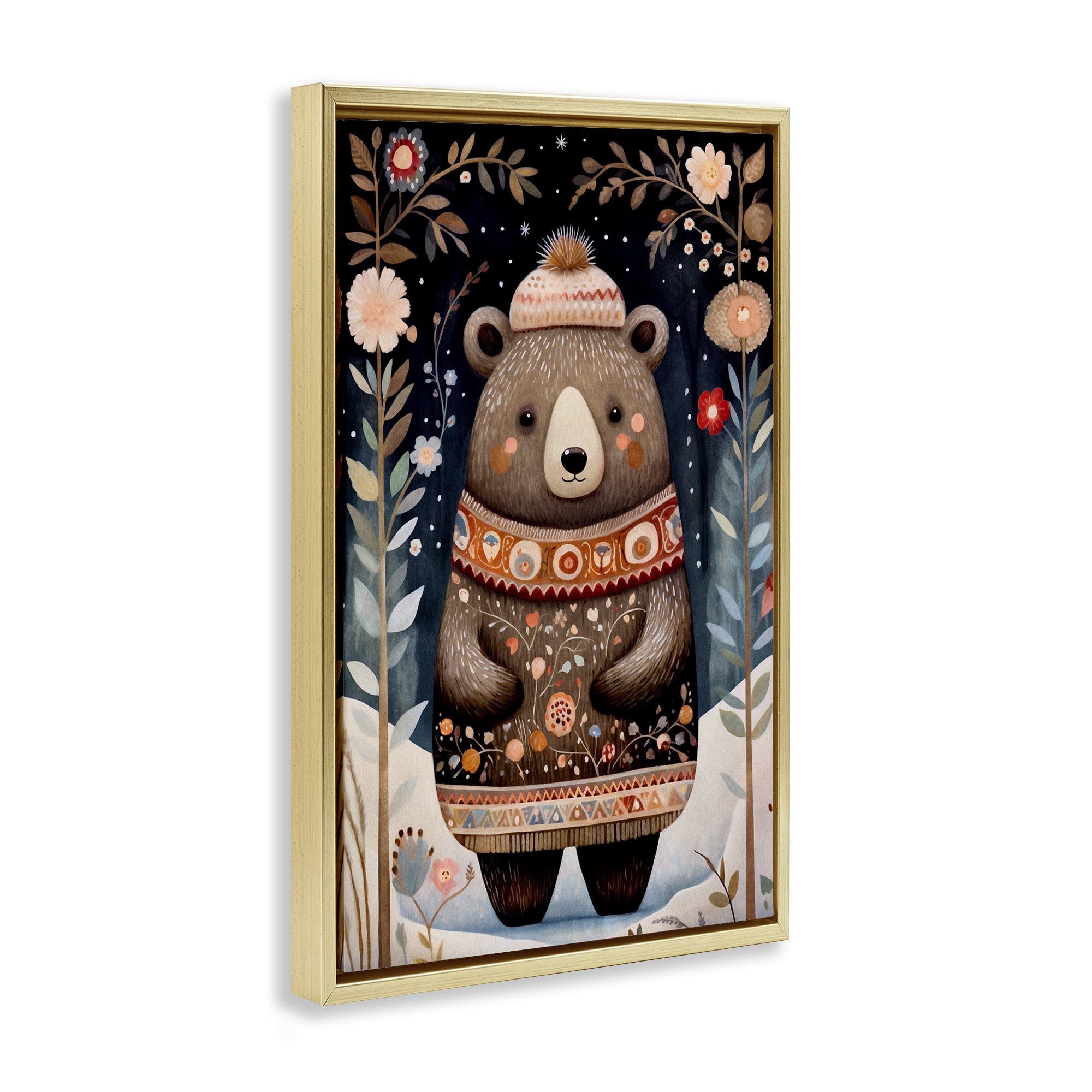 Stupell Industries Winter Woodland Bear Animals & Insects Painting Gold Floater Framed Art Print Wall Art, 17 x 25