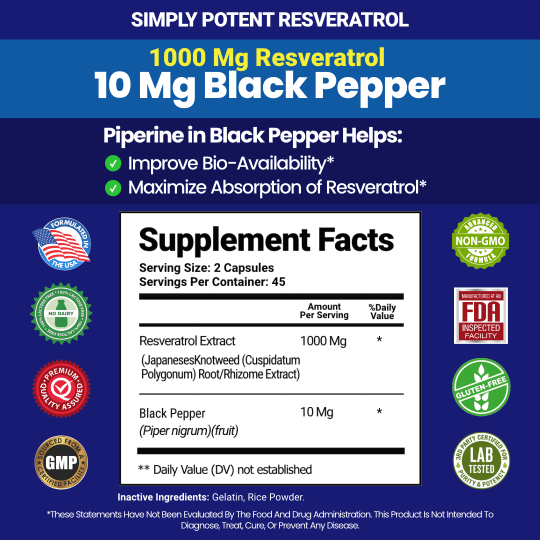 Simply Potent Resveratrol 1000mg  with Black Pepper Supplement for Anti-Aging, Skin & Heart Health, Immune System, Brain Function & Digestive Support, 90 Caps