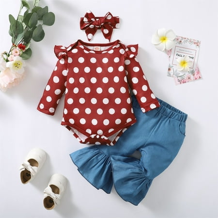 

Hunpta Toddler Girls Outfit Polka Dots Prints Long Sleeves Tops Denim Bell Bottom Jeans Pants Headband 3pcs Set Outfits