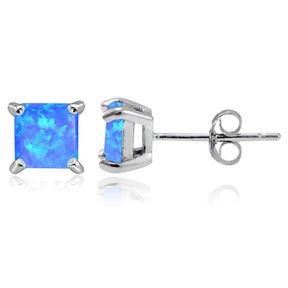 Sterling Silver Created Blue Opal 5mm Square Stud Earrings