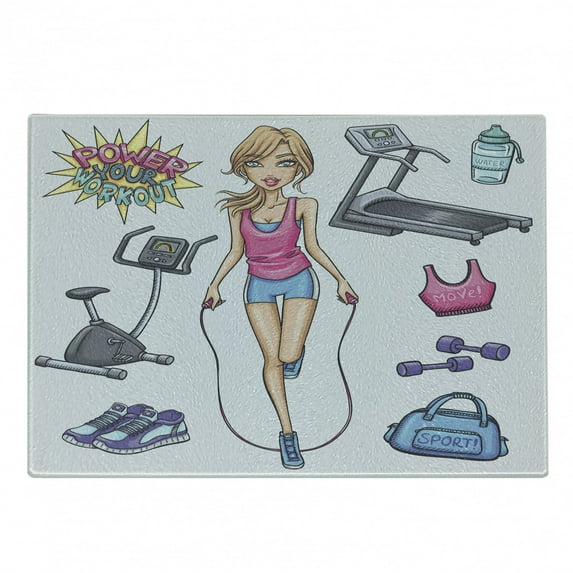 Fitness Cutting Board, Young Cartoon Girl Working at Gym Bike Treadmillfits and Words, Decorative Tempered Glass Cutting and Serving Board, Small Size, Multicolor, by Ambesonne