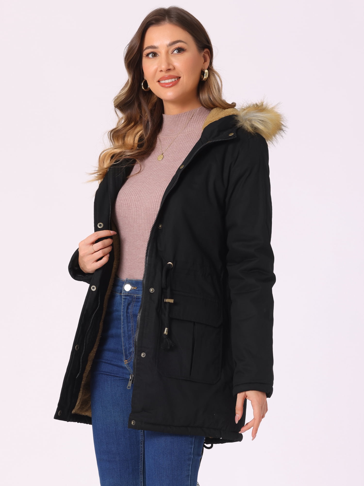 Unique Bargains Women Windproof Winter Parka Puffer Coat with Faux Fur Hood S Black
