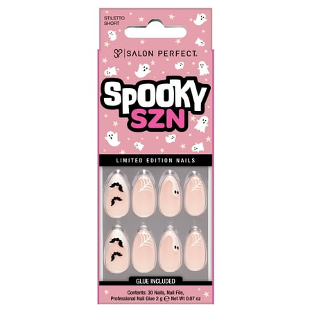 Salon Perfect Halloween Fall Artificial Fake Press On Nails, 397 White Ghost French Bats, Short Almond, File, Glue and Prep Pad Included, 30 Nails