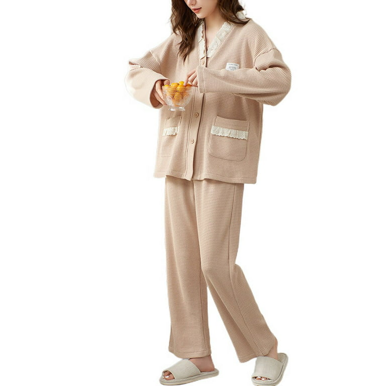 Homgro Women's Waffle Knit Pajama Set 2 Piece Button Up Long Sleeve Shirt  Pants Set Comfy Cotton Pjs Cute Loose Lounge Set Nude 14