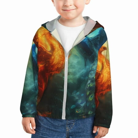 

Gaeub Red And Blue Fire Peacock Print Athletic Sun Protection Hoodie for Kids Long Sleeve Outdoor UV Shirt Running Fishing Top for Boys Girls-3 Years