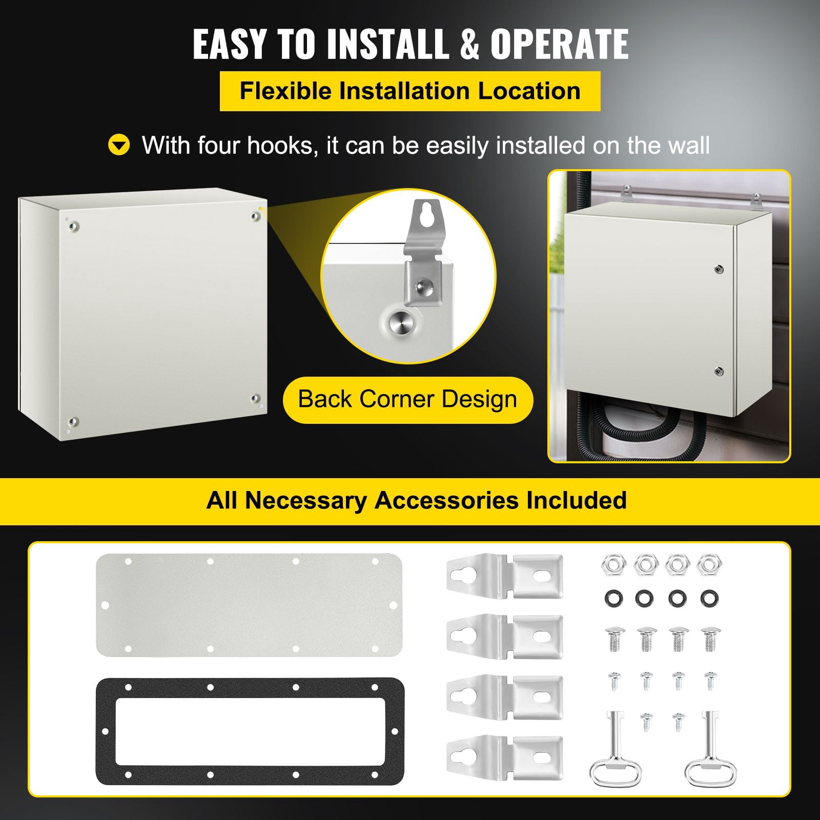 24 x 24 x 12 in NEMA Outdoor Electrical Enclosure Box, Detachable, NEMA Metal Case, IP66 Waterproof Grade, Reinforced Lock & Hinge, for outdoor indoor electrical wiring and equipment protection