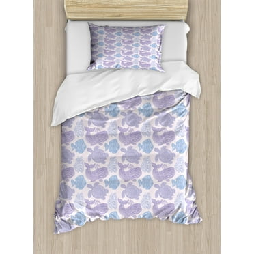 Whale Duvet Cover Set Twin Size, Sea Turtle Water Plant and Fish in Doodle Style with Paisley Mehndi Motifs, Decorative 2 Piece Bedding Set with 1 Pillow Sham, Purple Pale Pink Blue, by Ambesonne