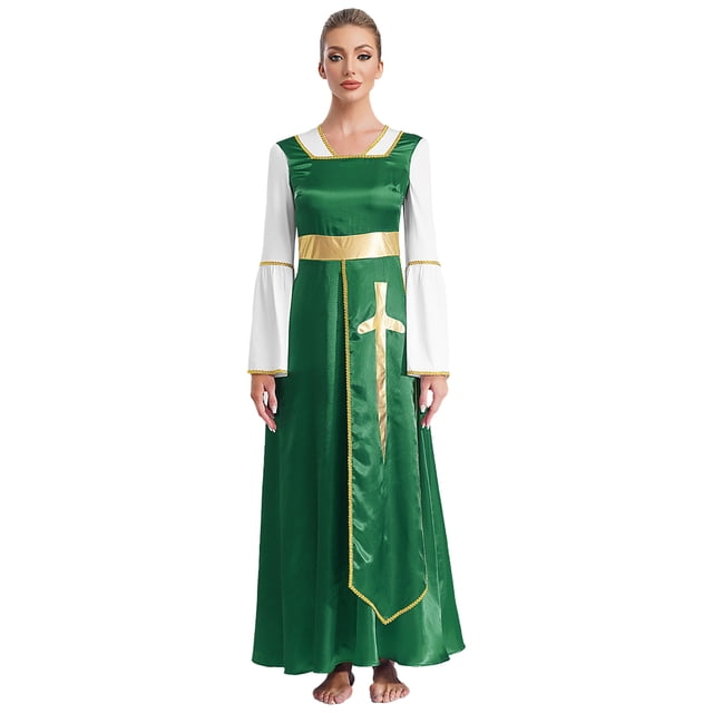 Kaerm Tunique de Danse pour Femmes, Robe de Culte d'Église, Robe Maxi à Manches Longues, Vert&Blanc m