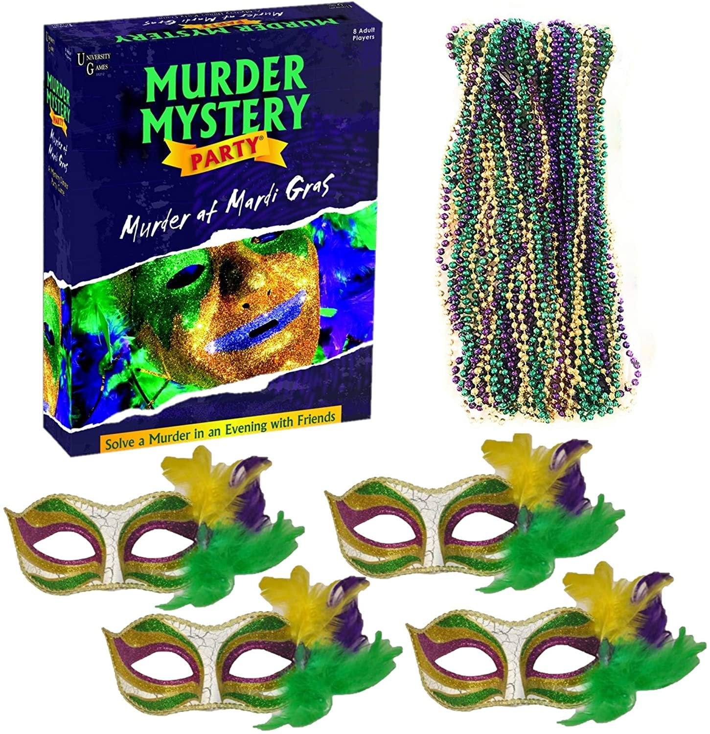 Murder Mystery Party Game Bundle- Murder at Mardi Gras, Host Your Own New  Orleans Murder Mystery Dinner with 4 Feather Masks and 2 Dozen Purple,  Green ...