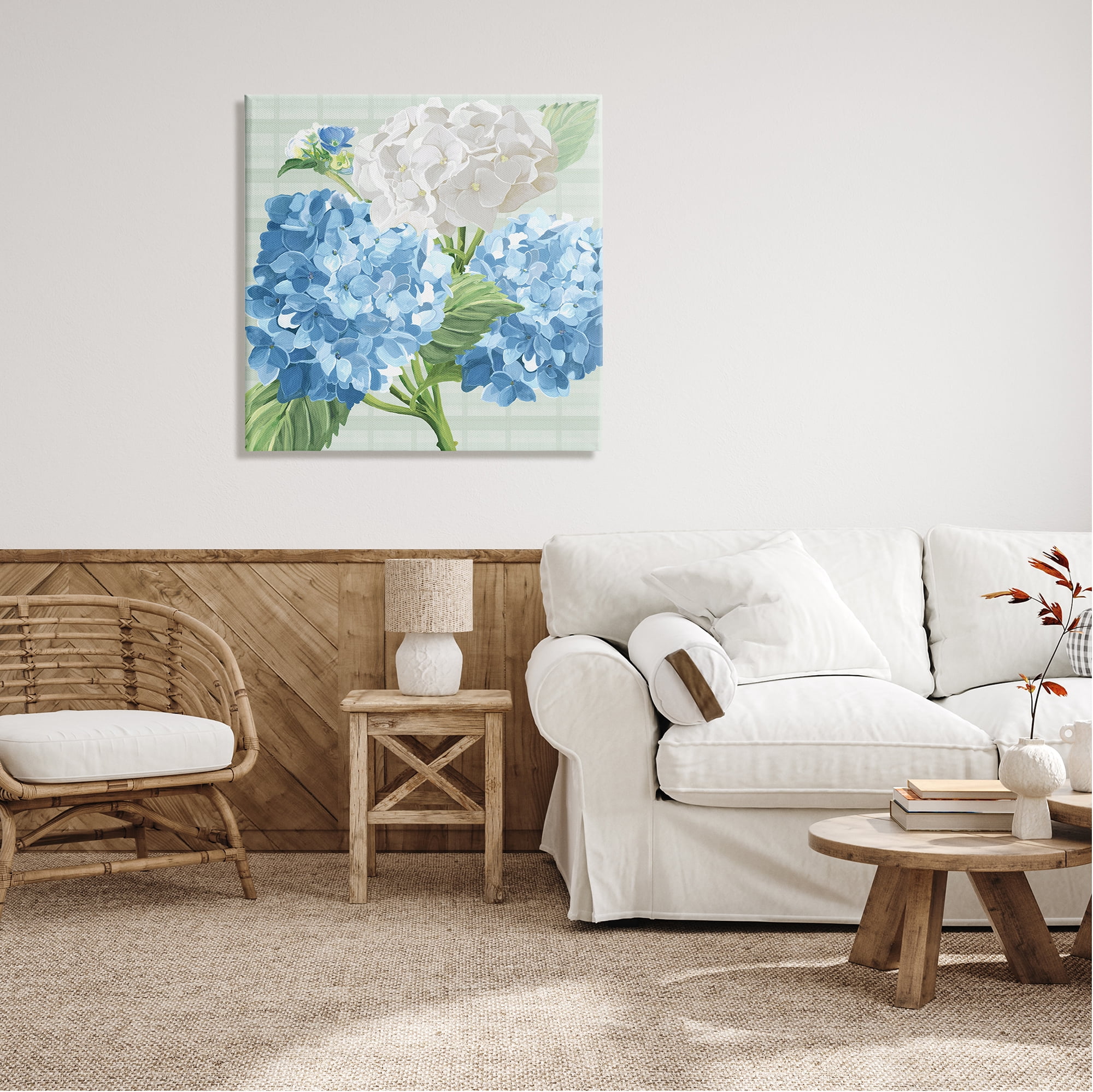 Stupell Industries Hydrangeas on Plaid Botanical & Floral Painting Gallery Wrapped Canvas Print Wall Art, 30 x 30