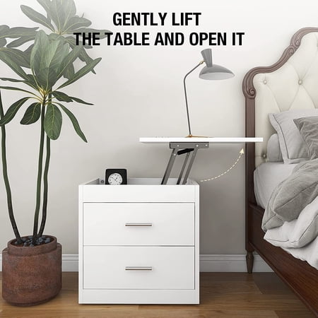 2 in 1 Nightstand with Lift Top and Computer Table  Height Adjustable Bedside Table End Table Laptop Desk with 2 Drawer and Hidden Storage Compartment  (White)