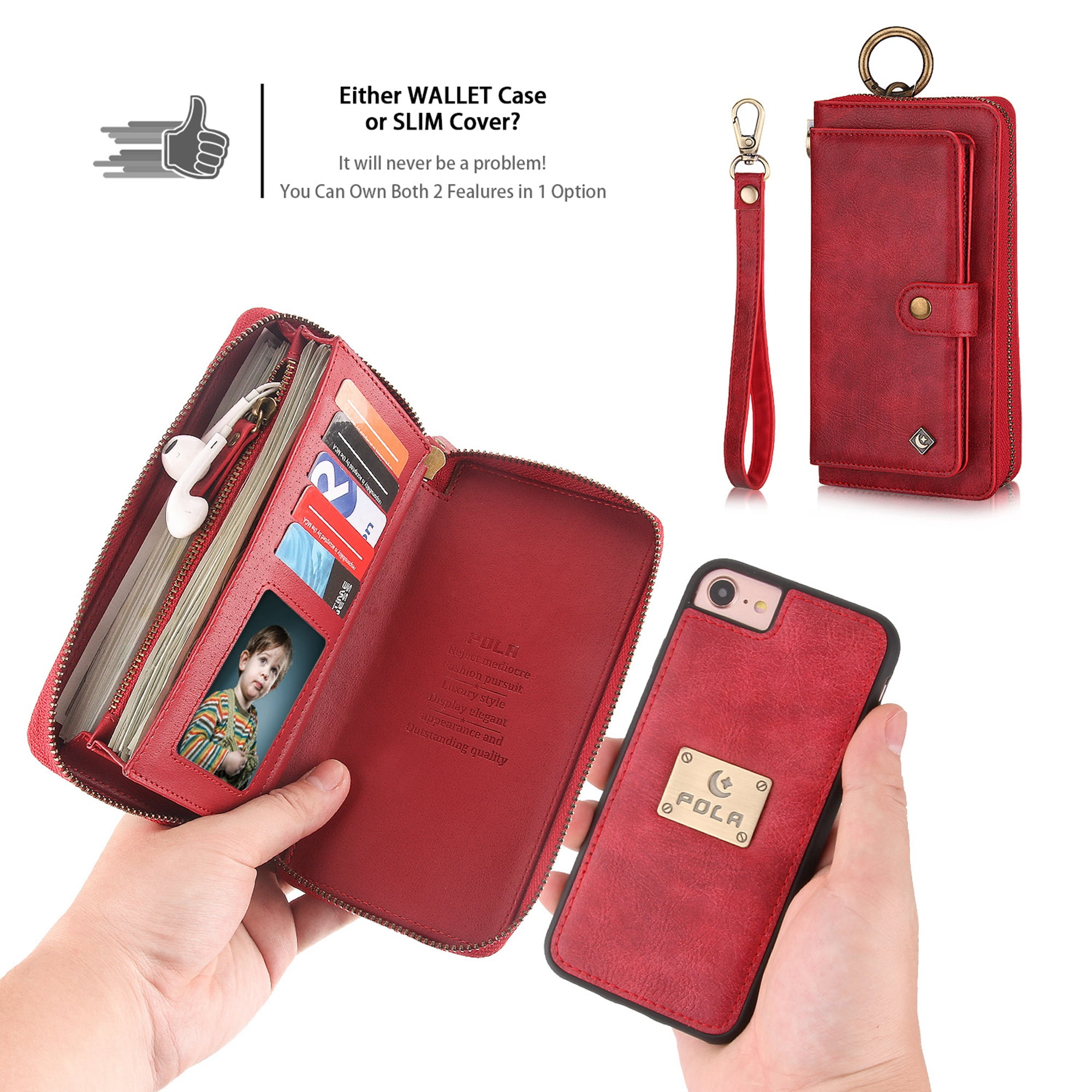 iPhone 8 Wallet Detachable Case, iPhone 7 Case, Dteck [wrist band & metal buckle & 14 Card Slots] Zipper Purse Phone Case Multi-function Folio Flip Weave PU Leather Removable Magnetic Back Cover, Red