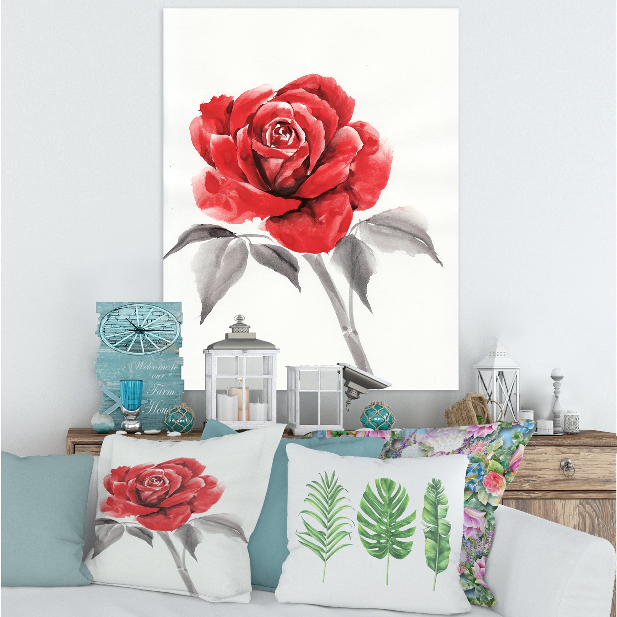 Designart ' Ancient Red Rose Flower I ' Traditional Canvas Wall Art Print