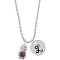 thumbnail image 1 of Delight Jewelry Silvertone 3-D Purple & AB Crystal Owl Silvertone Script Initial Disc - L - Charm Necklace, 20"+3", 1 of 4