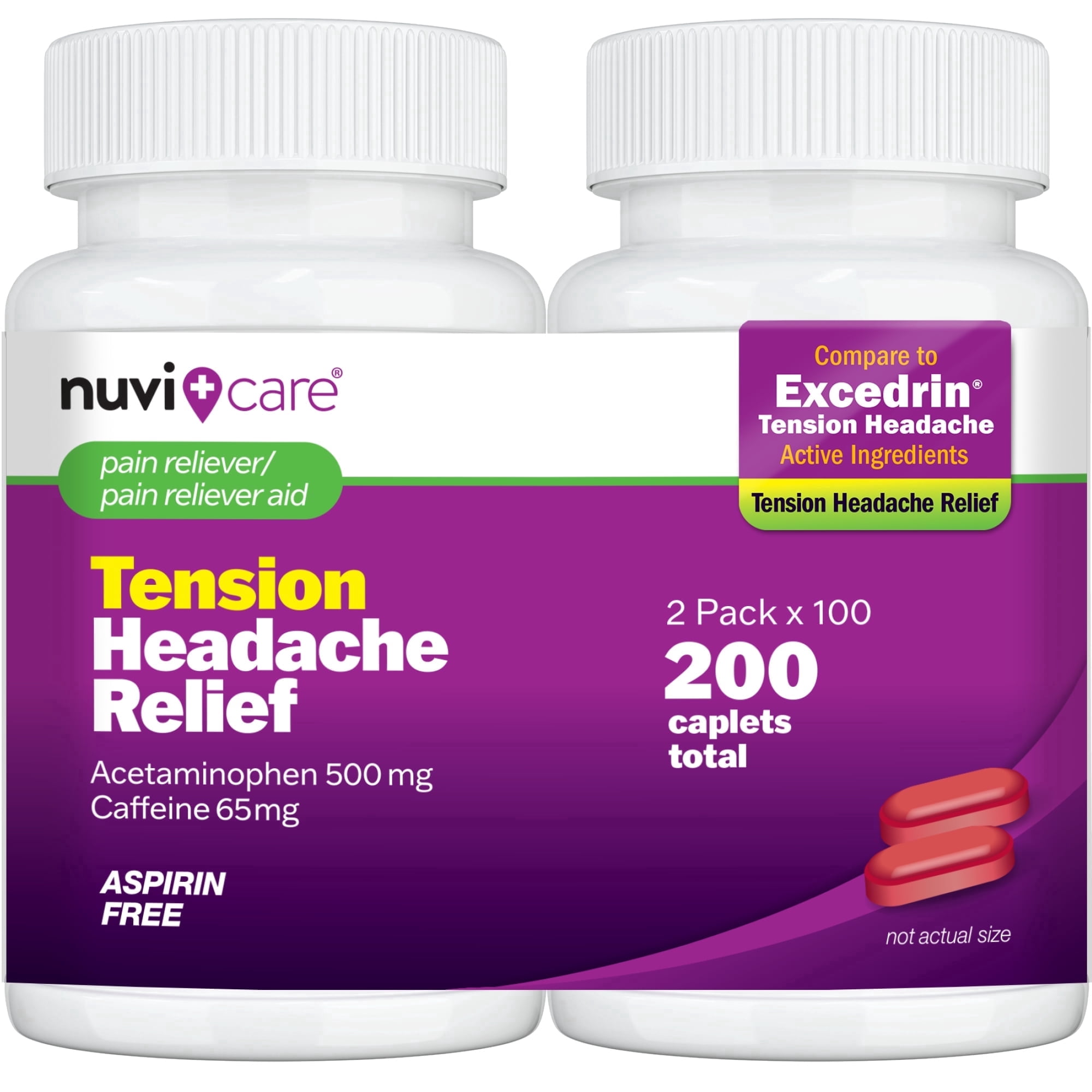 NUVICARE Tension Headache Relief Pills with 500mg Acetaminophen and 65mg Caffeine - Non Aspirin Pain Reliever Aid - Compare to Active Ingredient in Aspirin Free Excedrin Tension Headache (2 Pack)