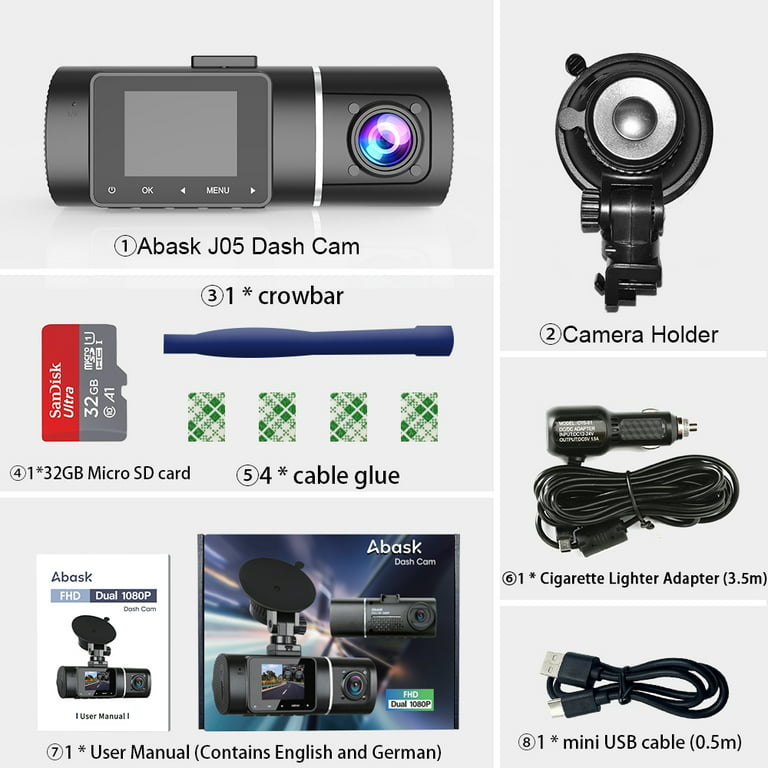 Abask J05 Dashcam Front and Inside Dual 1080P FHD - Angle 170°/140° With  Night Vision,Parking Mode,G-Sensor,Loop Recording,WDR - With 32GB Card