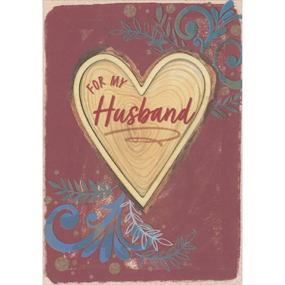Designer Greetings Die Cut Heart Shape with 3D Wooden Border on Burgundy with Blue Swirling Vines Hand Decorated Valentine's Day Card for Husband