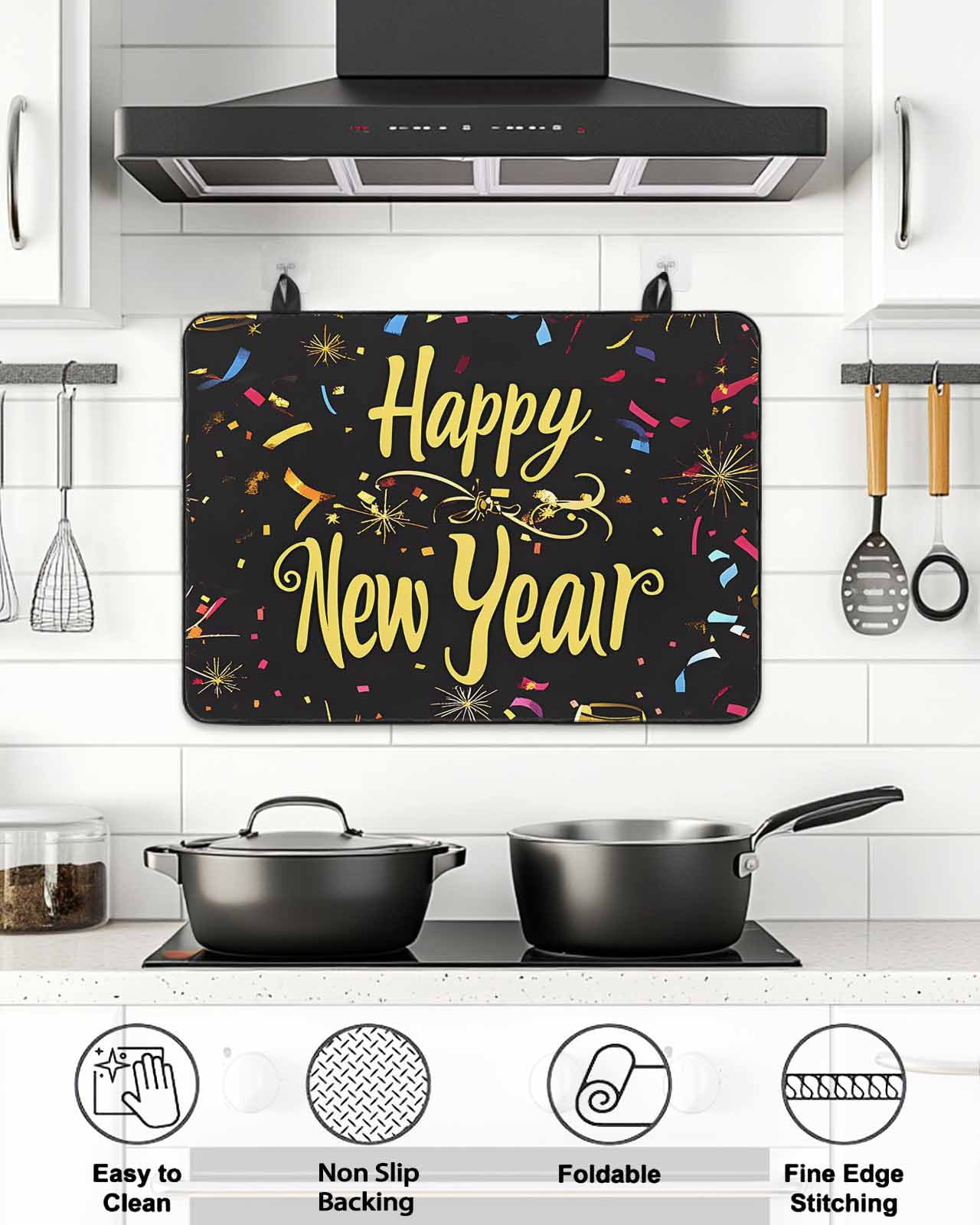 Stove Top Covers for Electric Stove, Happy New Year Glass Stovetop Cover Protector, Colorful Modern Abstract Art Induction Cooktop Protector Oven Mat for Kitchen Countertop 24"x21"