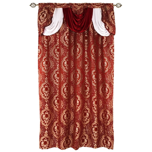 Luxury Jacquard Curtain Panel with Attached Waterfall Valance, 54 by 84-Inch LANA Burgundy (1-Panel)