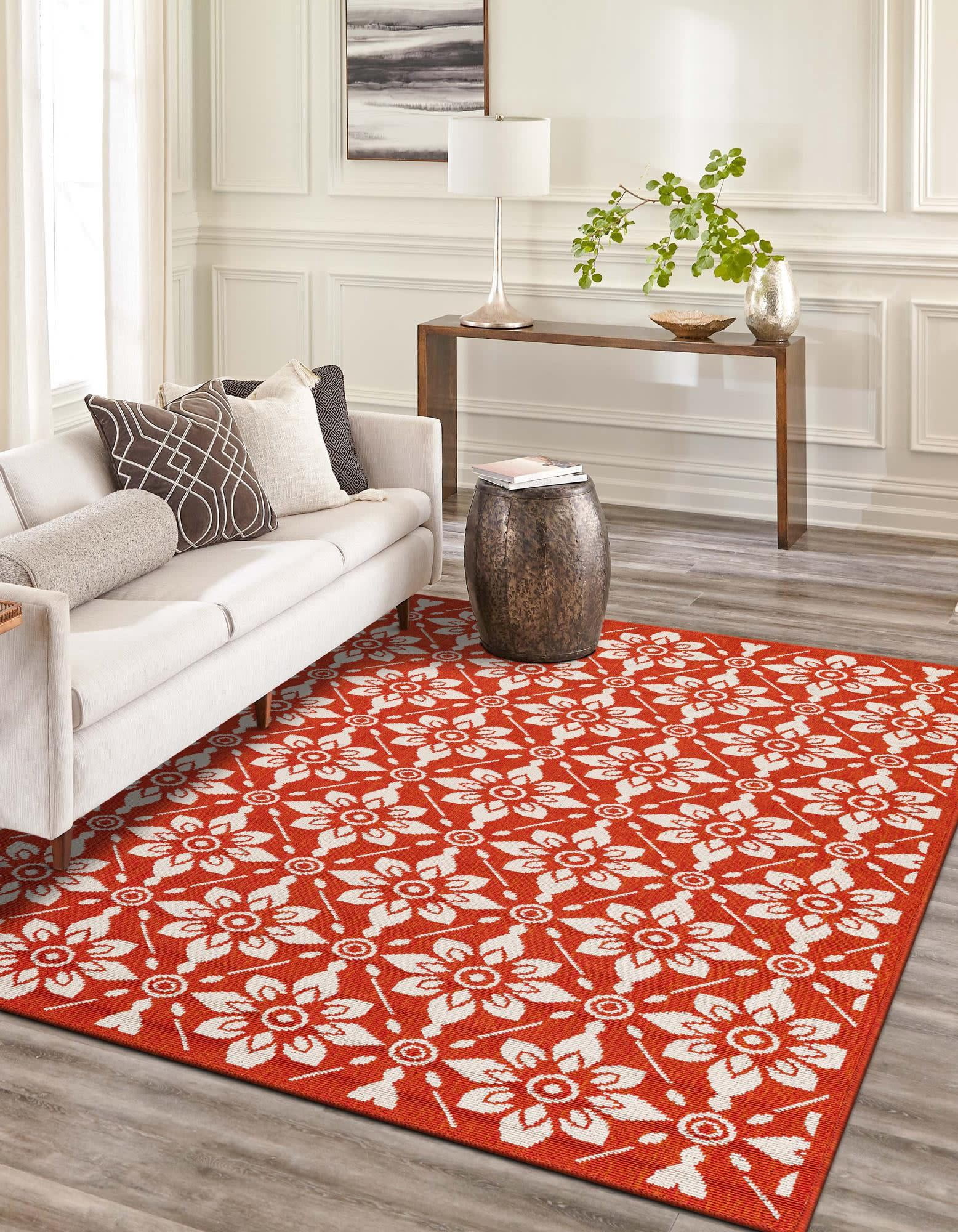 Unique Loom Outdoor Trellis Collection Area Rug - Tiles (9' x 12' Rectangle Rust Red/Ivory)