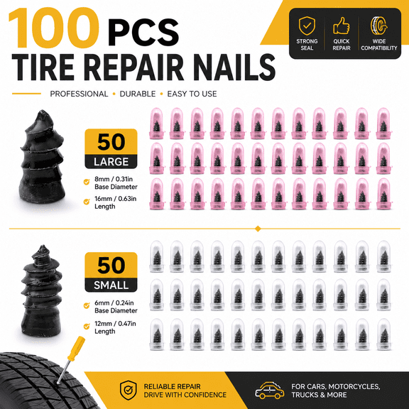 100PCS Tire Repair Screw Kit for Tubeless Tires, Quick Self Service Tire Puncture Repair Plugs for Car Motorcycle Bike Truck Emergency Flat Tire Fix