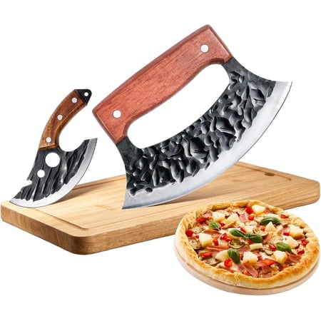 Hand-Forged Ulu - 2 count Salad with Sheath, Rocker Mezzaluna Knifes & Knifes, Pizza for Kitchen, Full High Carbon Steel, Camping&BBQ, Gifts for Men and Women
